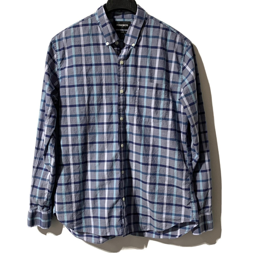 Bonobos Men’s Button Front Shirt Blue & Gray Plaid Slim Fit Size XL Long Sleeve